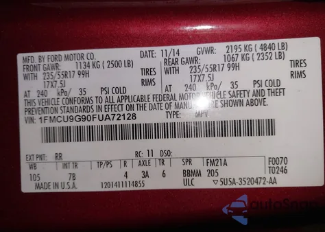 2015 Ford Escape Se from USA, damaged, VIN 1FMCU9G90FUA72128